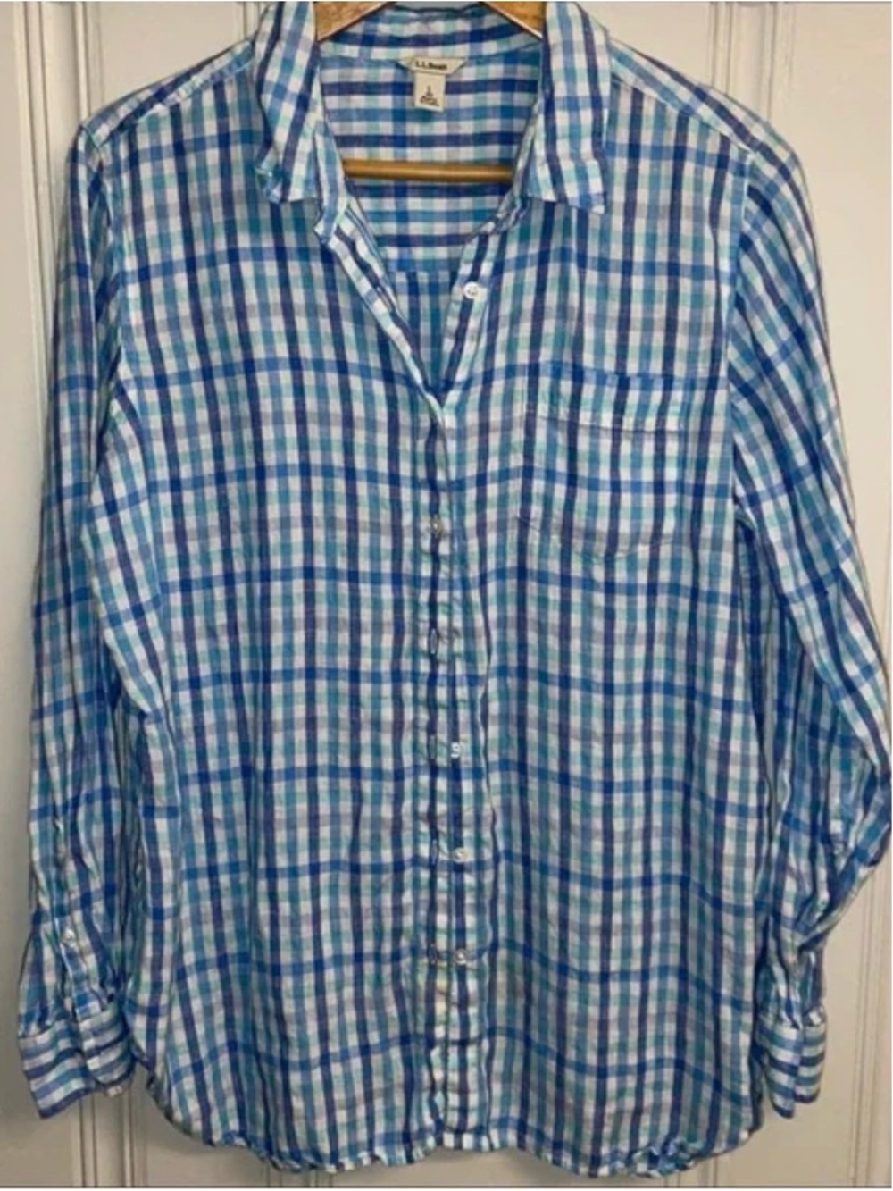 L.L. Bean Light Blue, Blue & White Plaid Casual Button-Down Shirt